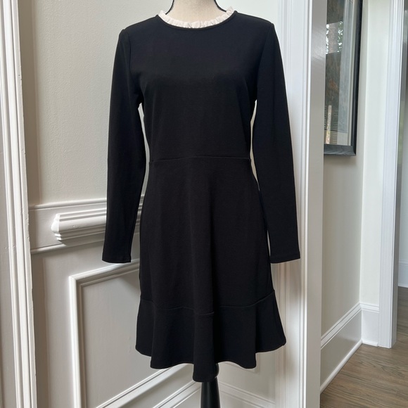 NWT Ann Taylor Loft Black White Ruffle Neckline Trim A Line Flounce Hem Dress - Picture 1 of 9